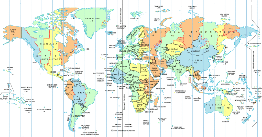 World Map With Time Zones and Countries