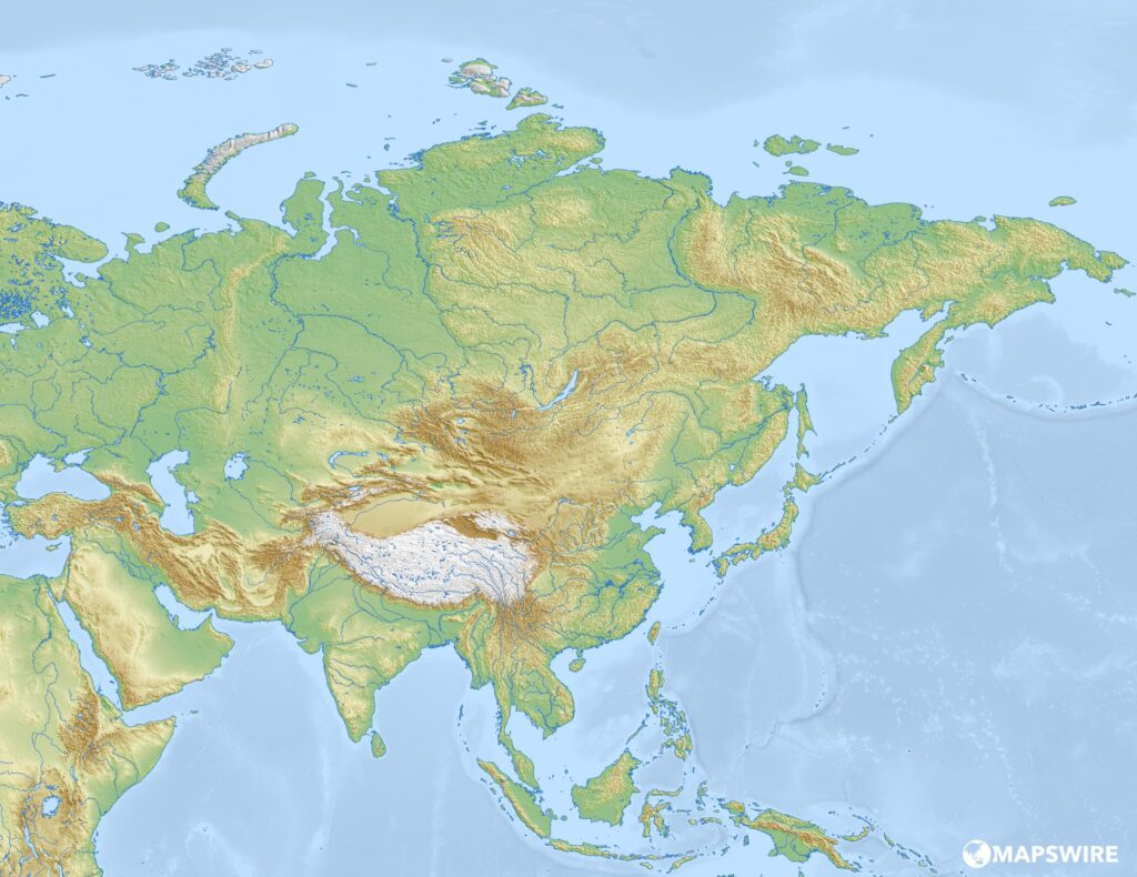 Blank Physical Map of Asia