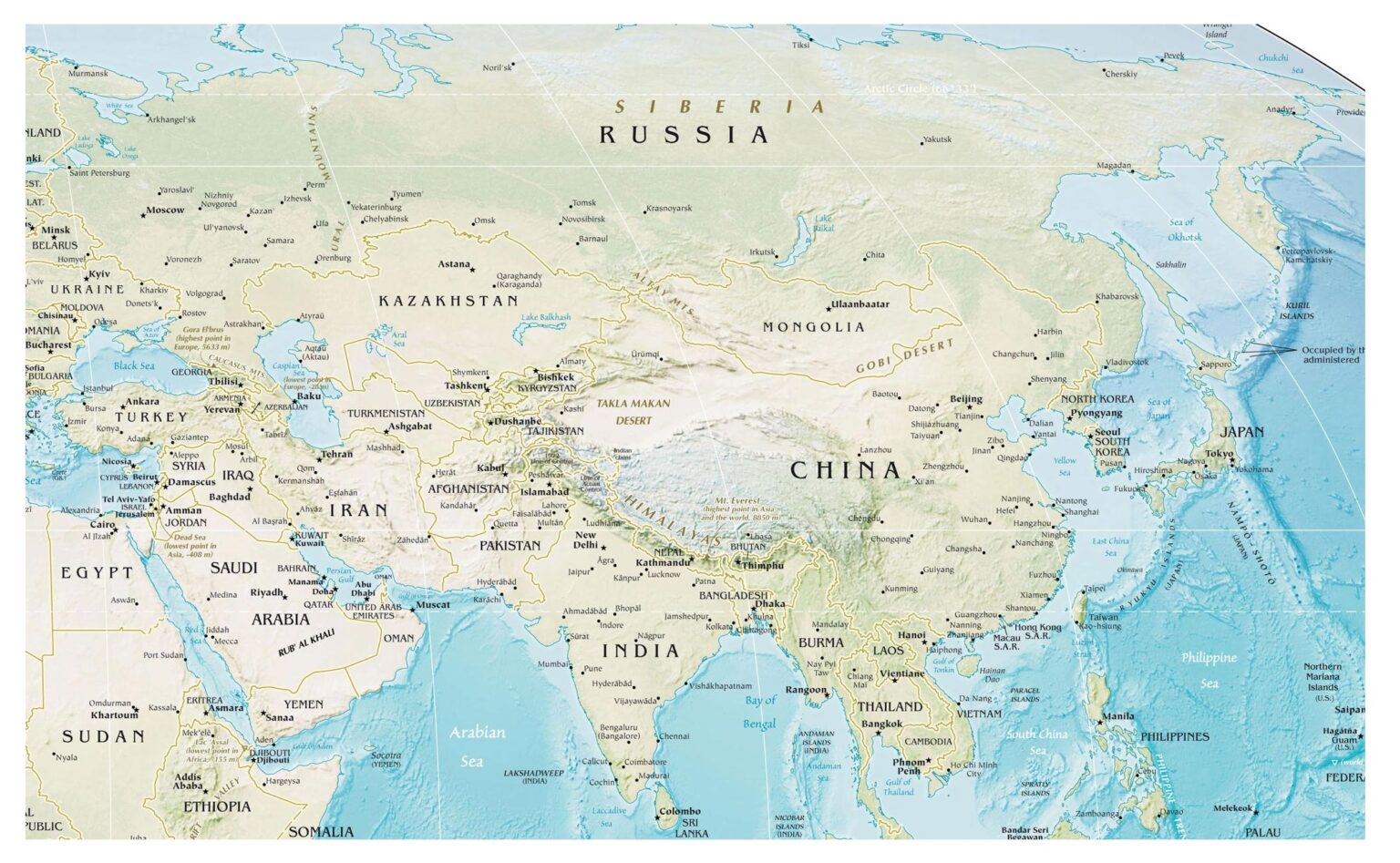 Free Printable Physical Map Of Asia In Detailed PDF Physical Map Of Asia 1536x947 