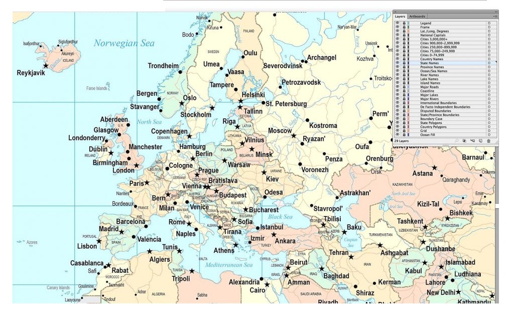 Map of Europe with Cities Printable
