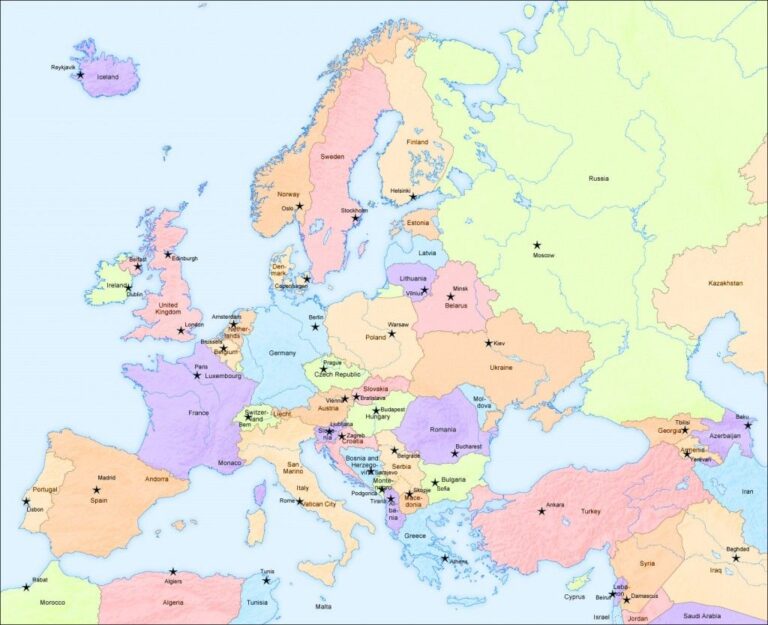 Europe Map With Cities Printable