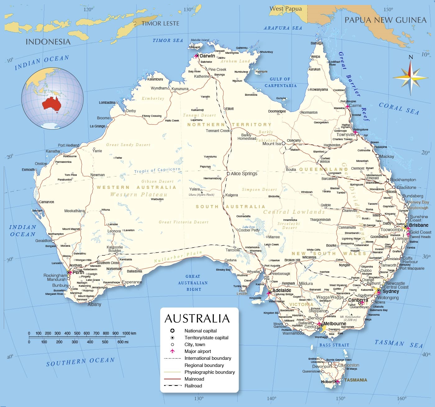 Printable Labeled Map of Australia with States, Capital & Cities