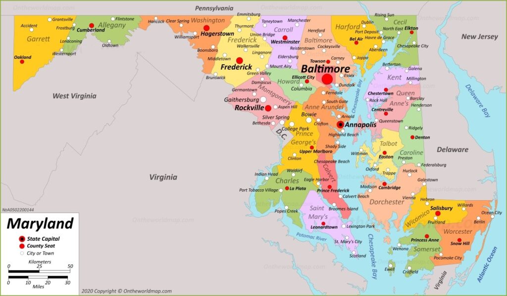 Free Printable Labeled Maryland Map With State Capital Cities Free Printable Labeled Maryland Map With State Capital Cities