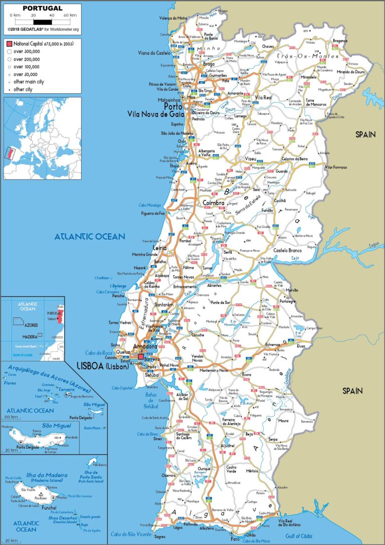 Printable Free Labeled and Blank Map of Portugal With Cities [PDF]
